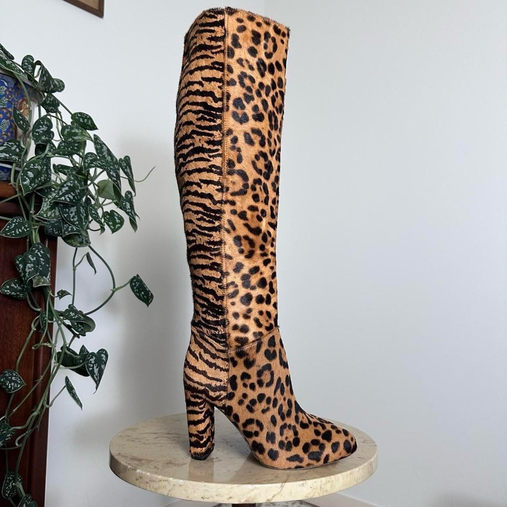 Vintage 2000s leopard zebra pony hair fur tall knee high heels leather boots 5.5